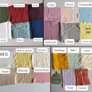 May include: A collection of fabric swatches in various colors, including hunter green, rosewood, grape, lilac, peach, powder blue, full white, blue, ink blue, dark lilac, grey, lemon green, mellow yellow, natural, gamboge, mint, cream, taupe, biscuit, dusty rose, purple, and caramel. The text "New Colors" is also visible.