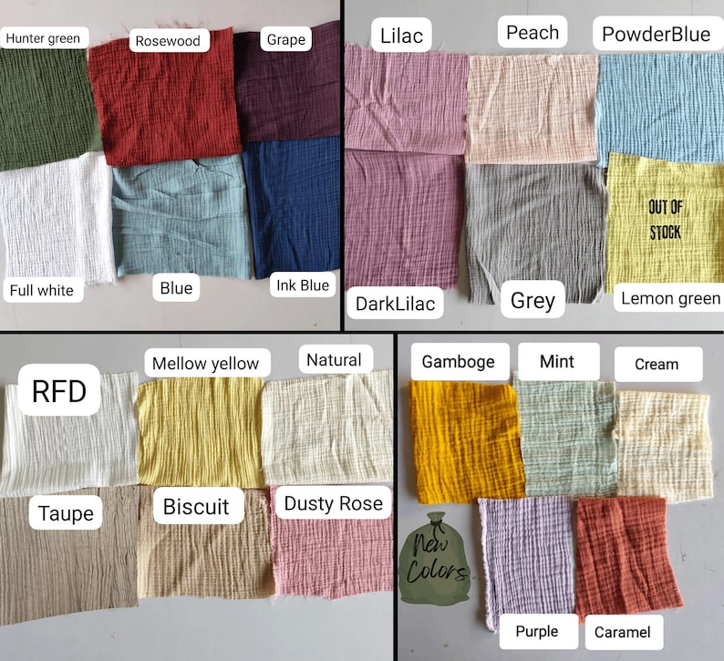 May include: A collection of fabric swatches in various colors, including hunter green, rosewood, grape, lilac, peach, powder blue, full white, blue, ink blue, dark lilac, grey, lemon green, mellow yellow, natural, gamboge, mint, cream, taupe, biscuit, dusty rose, purple, and caramel. The text "New Colors" is also visible.