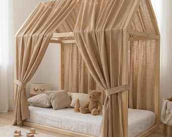 Boho Muslin Bed Canopy for Kids – Montessori Play Tent, Cozy Reading Nook, Nursery Room Decor, Handmade Cotton Canopy Curtain Panels