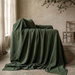 May include: A dark green blanket draped over an armchair. The blanket has a textured appearance and covers the entire chair, with folds cascading to the floor. The room has neutral-toned walls and a wooden chair in the background.