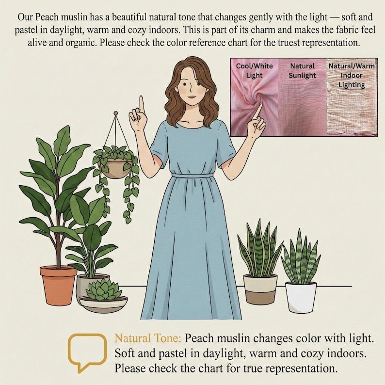 May include: An illustration of a woman in a light blue dress, pointing to a color reference chart. The chart shows peach muslin fabric under different lighting conditions. The image also includes potted plants and text about the fabric's color changes.