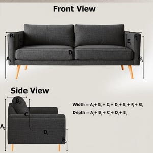 May include: A dark grey sofa with wooden legs, shown from the front and side views. The image includes diagrams with measurements labelled A1, B, C, D, E1, F1, G1, A2, B2, C2, D2, and E2, along with formulas for width and depth.