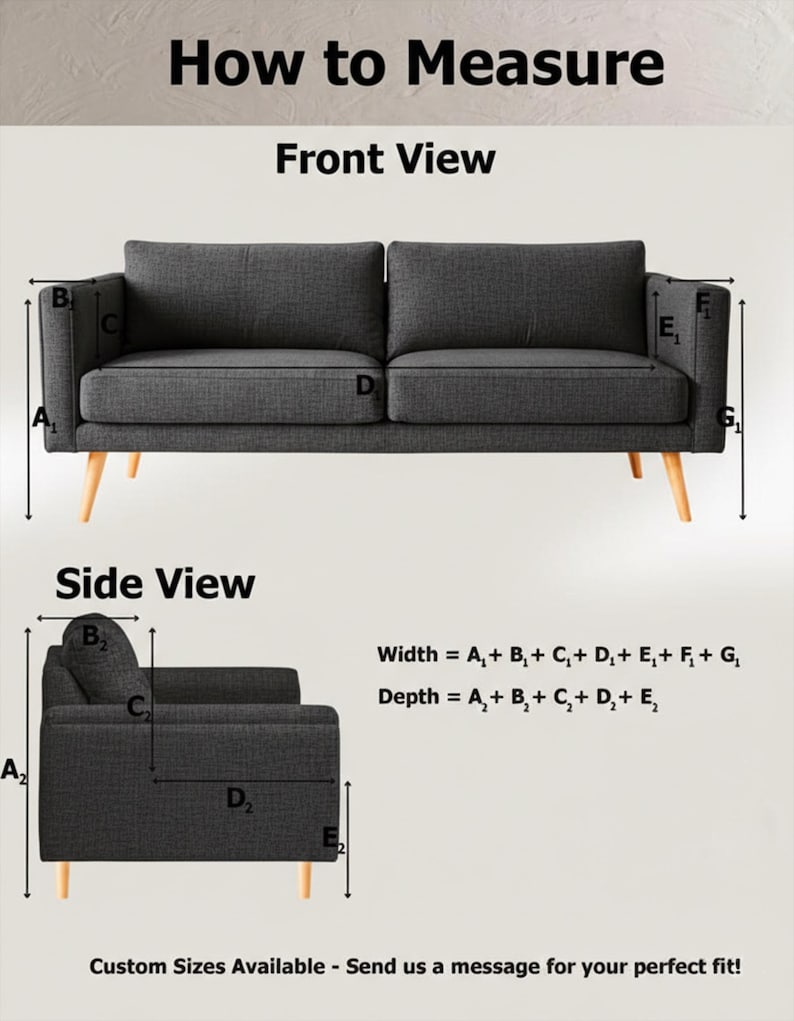 May include: A dark grey sofa with wooden legs, shown from the front and side views. The image includes diagrams with measurements labelled A1, B, C, D, E1, F1, G1, A2, B2, C2, D2, and E2, along with formulas for width and depth.