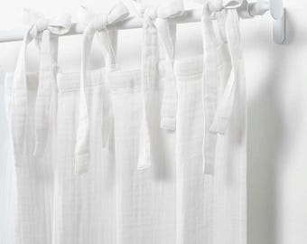 White Boho Muslin Cotton Curtains, 2-Layer Crinkled Double Gauze Drapes – Tie Top / Tab Top / Rod Pocket Living Room Panels