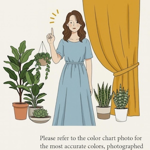 May include: Illustration with the text "COLOR REFERENCE" and a woman in a blue dress pointing upwards. Various potted plants and a yellow curtain are also depicted. The text below states to refer to the color chart for accurate colors.