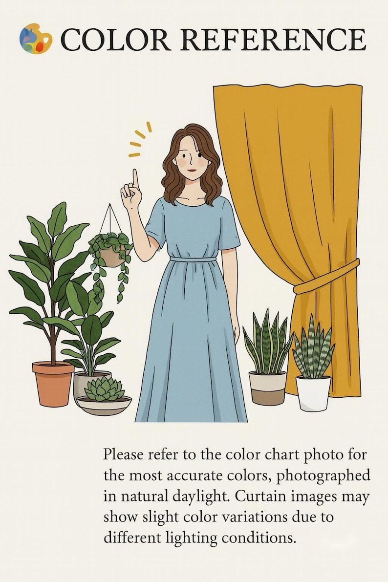 May include: Illustration with the text "COLOR REFERENCE" and a woman in a blue dress pointing upwards. Various potted plants and a yellow curtain are also depicted. The text below states to refer to the color chart for accurate colors.