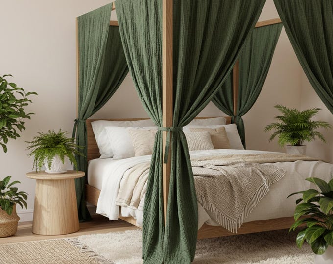 Featured listing image: 2 Layer Crinkled Muslin Bed Canopy Curtains, Soft Cotton Canopy Panels for Four Poster Bed, Bedroom Decor Boho Custom Canopy Curtains