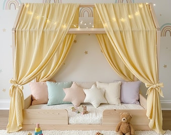 Muslin Canopy Curtains for Toddler Bed & Crib Montessori Reading Nook Tent Organic Cotton Nursery Decor Panels