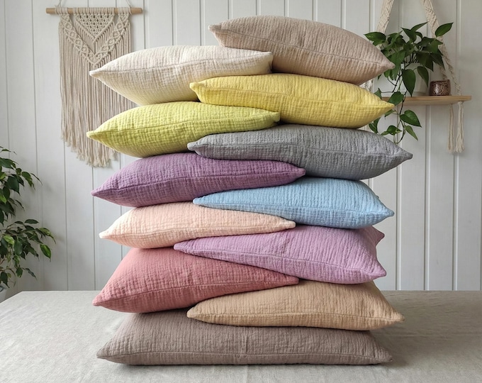 Featured listing image: 2 PCS Organic 2-Ply Muslin Pillow Covers - Square - Rectangle - Lumbar Pillowcases - 100% Cotton - Soft, Breathable Cooling Pillow Cases