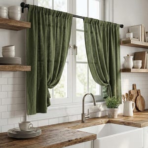 Korta cafégardiner i bomullsmuslin, mjuka dubbelgasvävda boho köksgardiner, minimalistiska lantlig fönsterpaneler bild 4