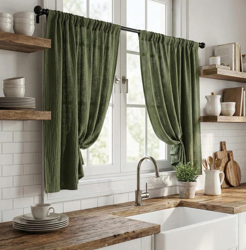 Korta cafégardiner i bomullsmuslin, mjuka dubbelgasvävda boho köksgardiner, minimalistiska lantlig fönsterpaneler bild 4