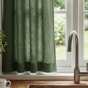 Korta cafégardiner i bomullsmuslin, mjuka dubbelgasvävda boho köksgardiner, minimalistiska lantlig fönsterpaneler bild 3