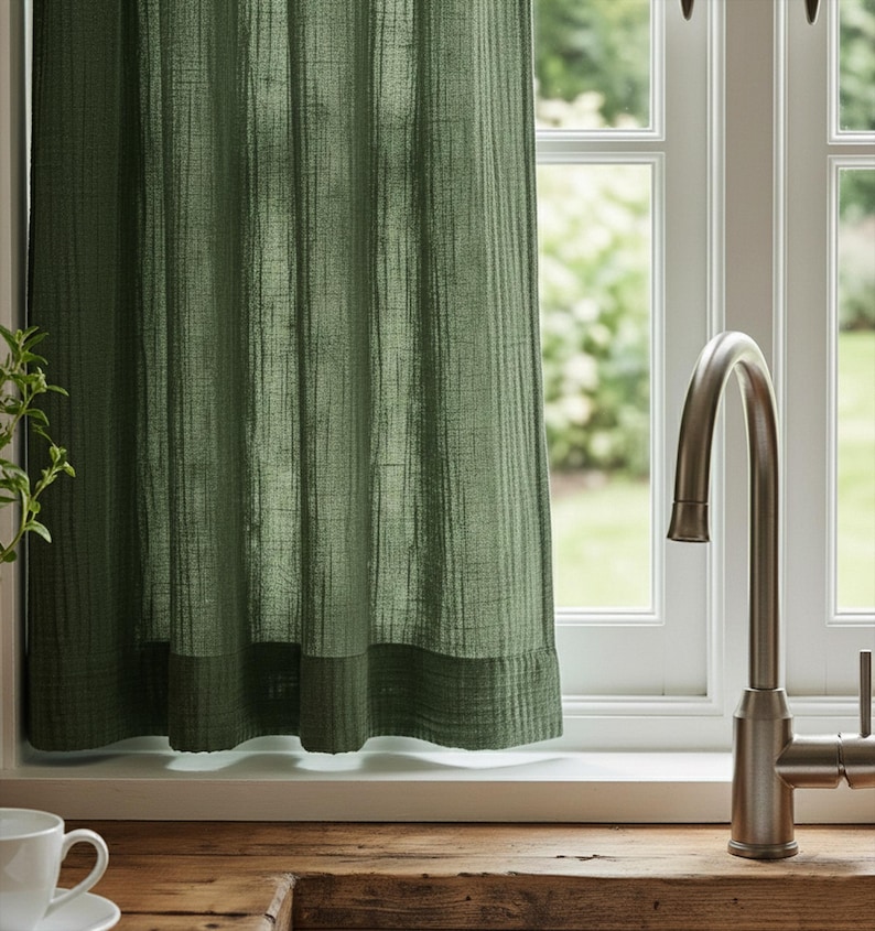 Korta cafégardiner i bomullsmuslin, mjuka dubbelgasvävda boho köksgardiner, minimalistiska lantlig fönsterpaneler bild 3