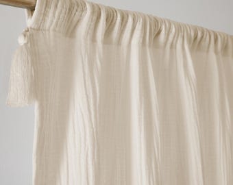 Tasseled 2 Layer Crinkled Muslin Cotton Curtains White Boho Drapes Tie Top, Tab Top, Rod Pocket Curtain Double Gauze Living Room Panels