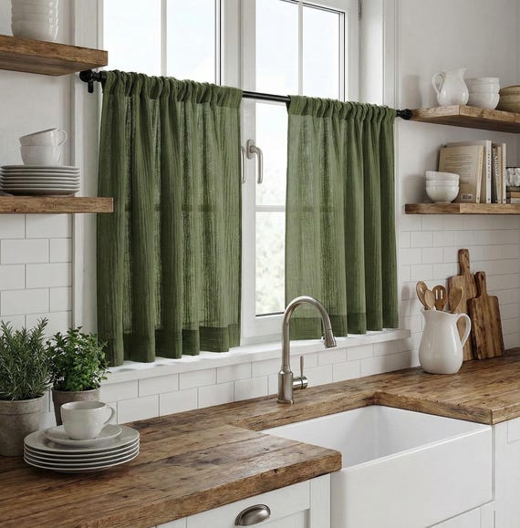 Cotton Muslin Short Cafe Curtain, Soft Double Gauze Boho Kitchen Drapes, Minimal Farmhouse Window Panels