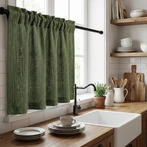 Korta cafégardiner i bomullsmuslin, mjuka dubbelgasvävda boho köksgardiner, minimalistiska lantlig fönsterpaneler bild 2