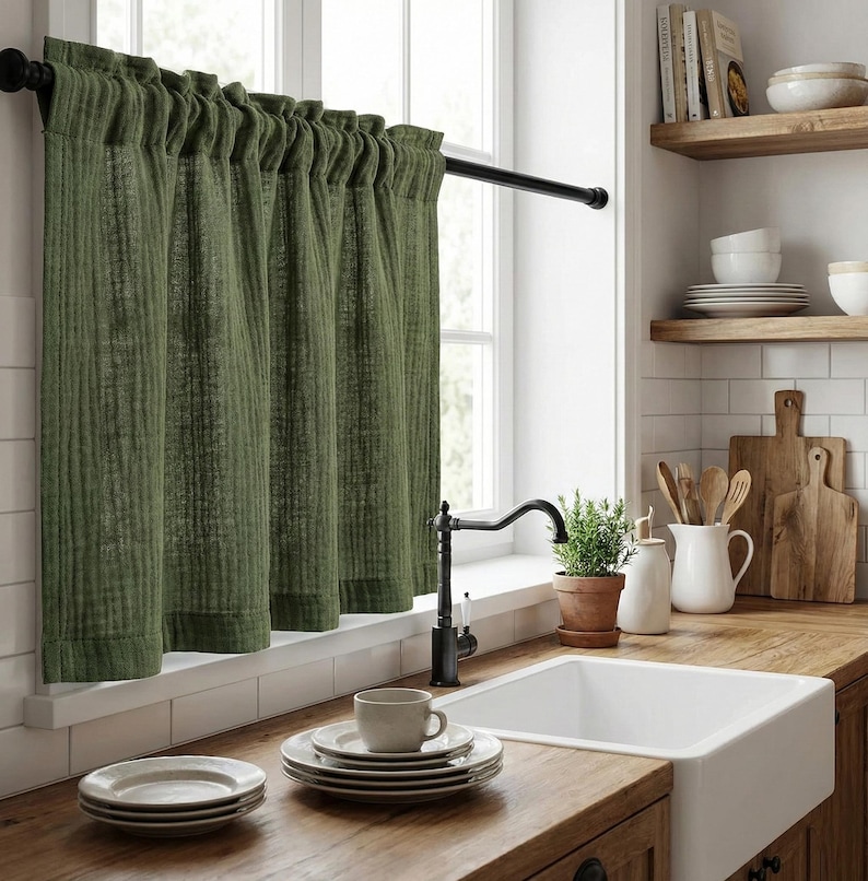 Korta cafégardiner i bomullsmuslin, mjuka dubbelgasvävda boho köksgardiner, minimalistiska lantlig fönsterpaneler bild 2