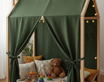 Kids Bed Canopy Curtains Hunter Green Cotton Muslin Boho Bedroom Decor Montessori Play Tent Soft Draped Panels