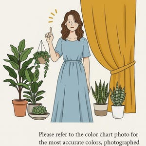 May include: An illustration featuring the text "COLOR REFERENCE" and a woman in a blue dress pointing upwards. The image also includes potted plants and a yellow curtain. The text below advises referring to the color chart for accurate colours.