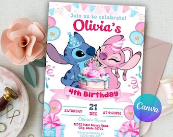 Invitación de cumpleaños de Stitch y Angel, fiesta de cumpleaños de Stitch, invitación para fiesta infantil, descarga digital imprimible, plantilla editable de Canva, invitación electrónica