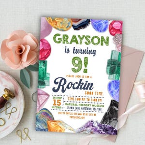 May include: A colorful birthday party invitation with the text "Grayson is turning 9!" surrounded by gemstone illustrations. The invitation includes event details: date, time, location, and RSVP information. The design features a pink and green color scheme.