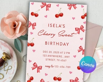 May include: A pink birthday invitation with the text "ISELA'S Cherry Sweet BIRTHDAY". The invitation features watercolor cherries, pink bows, and hearts. The date, time, and address are also included. A pink envelope and a paper flower are in the background.