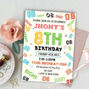 Könnte beinhalten: Eine farbenfrohe Geburtstagseinladung mit dem Text "JHONY'S 8TH BIRTHDAY". Die Einladung enthält Datum, Uhrzeit und RSVP-Informationen. Dekorative Elemente sind die Zahl "08" und das Wort "EIGHT".