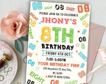 Invitación de cumpleaños para niño de 8 años, invitación para fiesta de niño, invitación con el número de niño, invitación de cumpleaños para niño de 8 años, plantilla editable de Canva