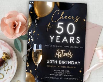 50th Birthday Invitation, 50th Invite, Black Tie Glam Invite, Animated Black Golden Diamond Evite For Men & Women, Editable Canva Template