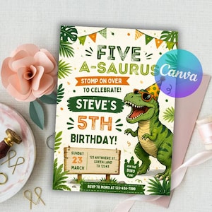 Five A-Saurus Birthday Invitation, Dinosaur Birthday Invitation, T-rex Birthday Invite, Dinosaur 5th Birthday Party Invite, Editable Canva