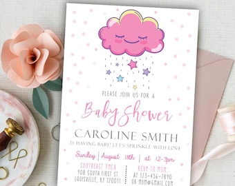 Invitación editable para baby shower con diseño de nube, invitación para baby shower con diseño de gotas de lluvia, invitación con diseño de gotas de lluvia, descarga imprimible en Canva para niña rosa