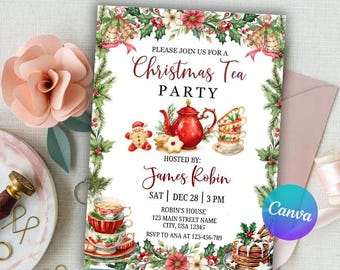 May include: A Christmas Tea Party invitation with a festive design. The invitation features a red teapot, teacups, gingerbread man, and floral accents. Text includes "Christmas Tea Party" and host details.
