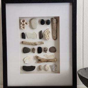 Op de afbeelding: Een ingelijst schaduwbokskunstwerk met een verzameling natuurlijke objecten. De opstelling omvat verschillende stenen, schelpen en stukken drijfhout in een witte passe-partout met een zwarte rand. De objecten zijn in een rasterpatroon gerangschikt.