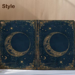 May include: A dark blue book-style case with a celestial design. The case features a large crescent moon and stars in gold, with decorative gold borders. The text "Book Style" is at the top.
