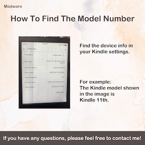 May include: An instructional graphic titled How To Find The Model Number, featuring a black-framed e-reader displaying a Device info screen. Text explains how to locate device information in Kindle settings, using Kindle 11th as an example.