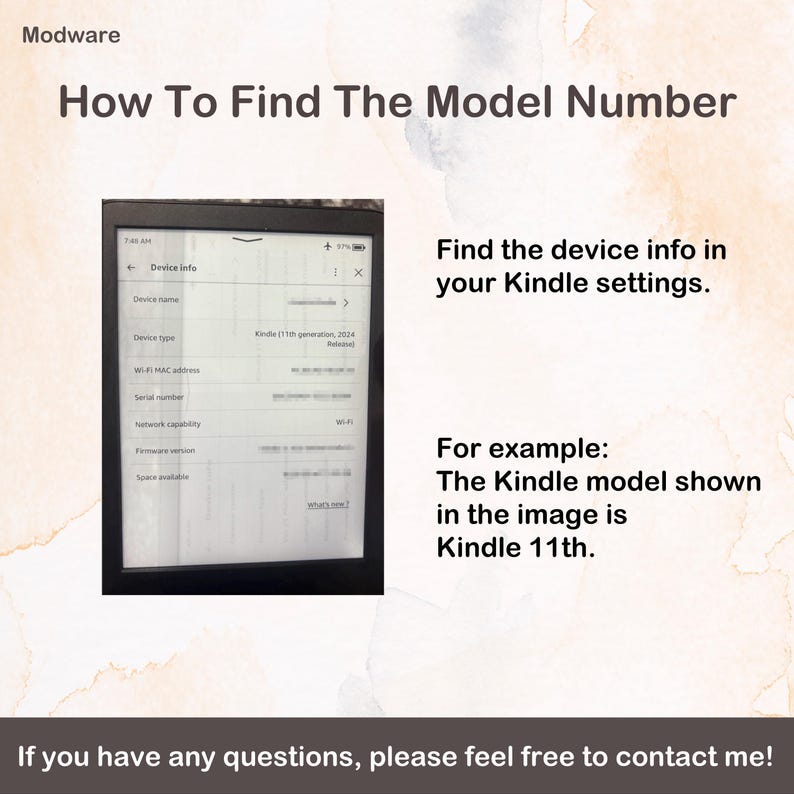May include: An instructional graphic titled How To Find The Model Number, featuring a black-framed e-reader displaying a Device info screen. Text explains how to locate device information in Kindle settings, using Kindle 11th as an example.