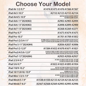 May include: A product compatibility chart with the text "Choose Your Model" at the top. The chart lists various iPad models with corresponding model numbers, including iPad Air, Pro, and Mini versions.