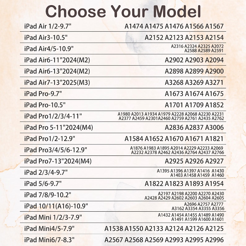 May include: A product compatibility chart with the text "Choose Your Model" at the top. The chart lists various iPad models with corresponding model numbers, including iPad Air, Pro, and Mini versions.