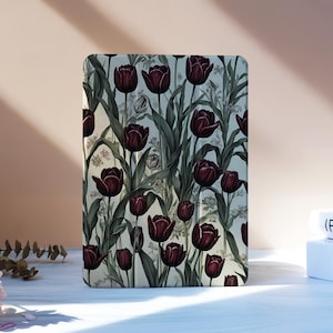 May include: A rectangular case featuring a floral pattern of dark red tulips with green stems and leaves against a light background. The design is repeated across the surface, creating a botanical theme.