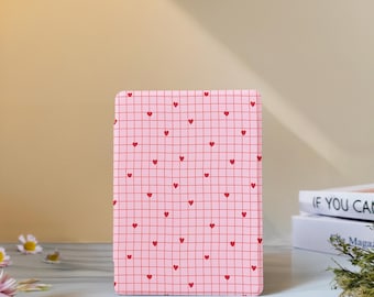 Red Heart Grid Kindle Case with Hand Strap for Paperwhite 12th 7" 11th 6.8", Kindle 2024 Colorsoft, Kindle 12th/11th/10th, Kobo Clara Case