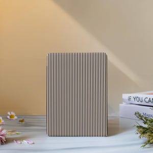 May include: A rectangular notebook with a black and white striped pattern. The notebook is standing upright on a marble surface. In the background are books and flowers.