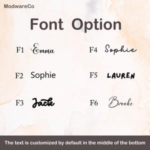 May include: Image showcasing font options for customization. The text "Font Option" is at the top. Six font styles are displayed, each with a name like "Emma" and "Sophie". The text is customized by default in the middle of the bottom.