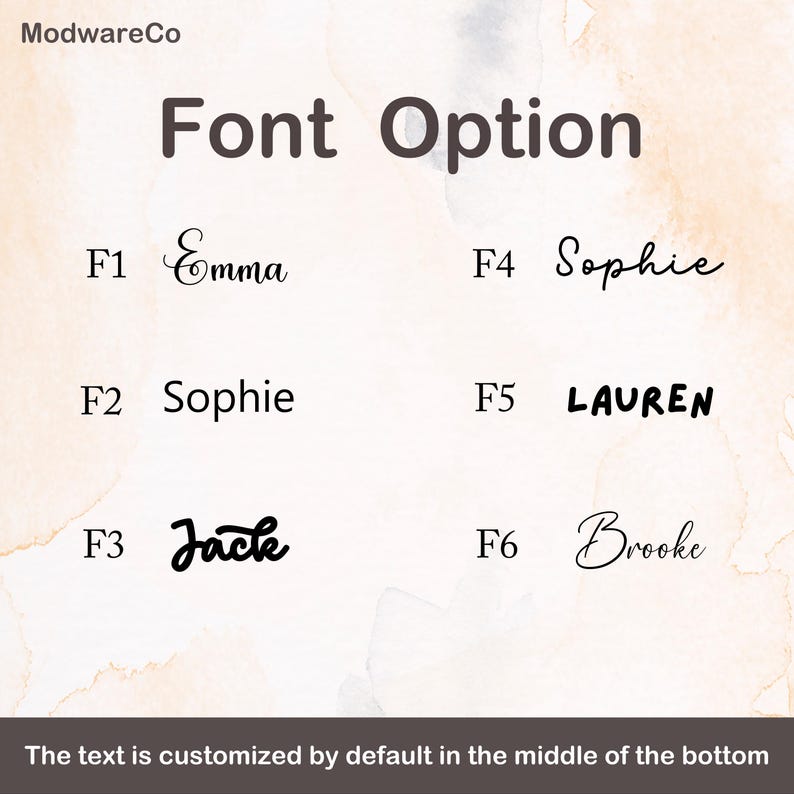 May include: Image showcasing font options for customization. The text "Font Option" is at the top. Six font styles are displayed, each with a name like "Emma" and "Sophie". The text is customized by default in the middle of the bottom.