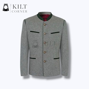 May include: A grey wool jacket with a mandarin collar, dark green trim, and gold-coloured buttons. The jacket has three pockets and a red lining visible at the collar. The Kilt Corner logo is in the upper left corner.