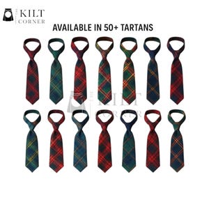 May include: A collection of tartan neckties in various colors, including red, green, and blue, arranged in two rows. The ties feature classic plaid patterns. The text "AVAILABLE IN 50+ TARTANS" is displayed above the ties. The Kilt Corner logo is in the upper left corner.