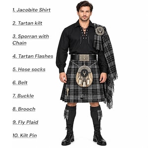 May include: A black Jacobite shirt with lace-up front, a grey and black tartan kilt, a sporran with chain, tartan flashes, hose socks, a belt with buckle, a brooch, a fly plaid, and a kilt pin. The image includes a numbered list of these items.