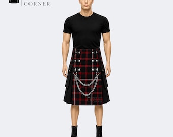 Kilt ibrido da uomo scozzese in cotone nero / Kilt con grembiule frontale in stile gotico punk / Kilt con vita regolabile / Oltre 50 tartan personalizzabili disponibili