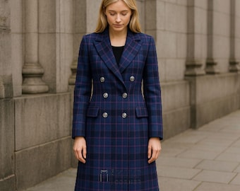 Tartan Wool Long Coat For Ladies - Double Breasted Long Overcoat - Winter Fashion Coat Available in 50+ Tartans