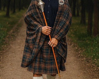 Peut inclure: Une personne vêtue d'un costume écossais traditionnel, comprenant un kilt à carreaux, un châle et un béret noir. Il tient un bâton de cérémonie avec un sommet argenté. L'ensemble est dans les tons de marron, vert et bleu.