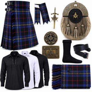 May include: A Scottish kilt outfit set featuring a blue, black, and red tartan kilt with leather straps, a sporran with a Masonic emblem, a kilt pin, a belt buckle, a black leather belt, a black ribbed sock, a tartan scarf, and three shirts.